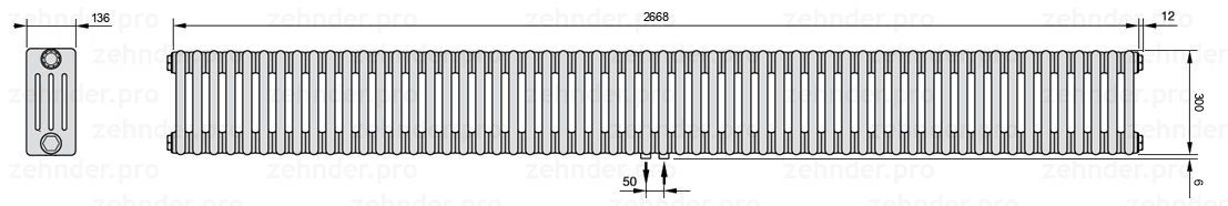 Схема (чертеж) Радиатор Zehnder Charleston 4030/58 №5410 Белый глянцевый RAL 9016